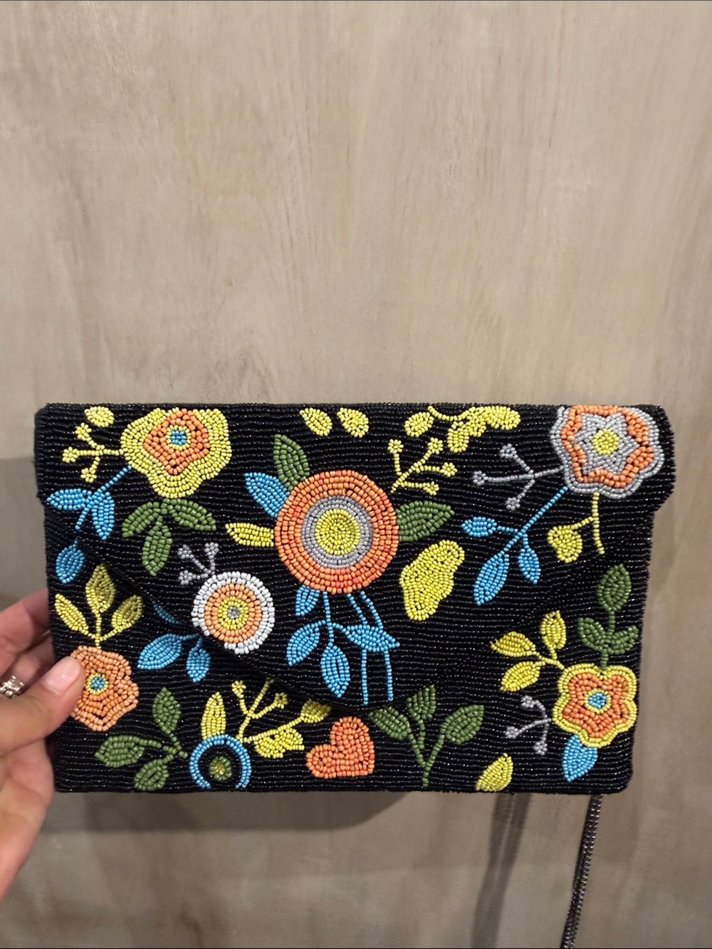 Aratta Black Beaded Floral Clutch with Yellow, Orange and Blue Accents